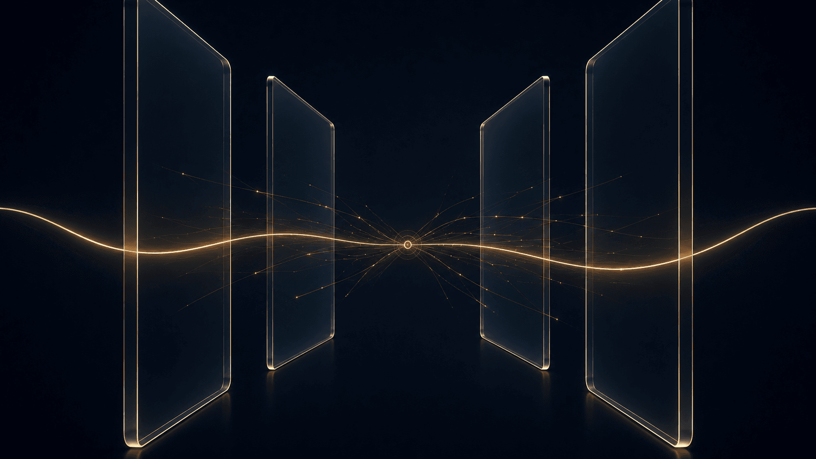 Abstrakte Visualisierung von PriniQX Core: drei transluzente Ebenen, verbunden durch eine goldene Signallinie mit zentralem Knotenpunkt