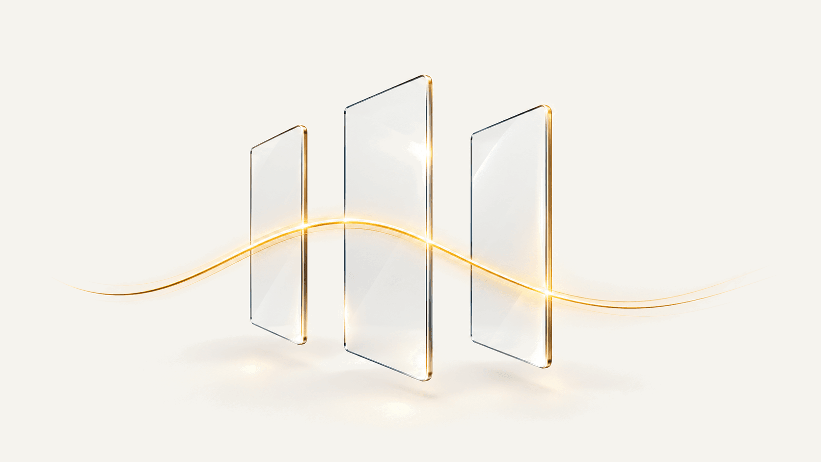 Abstrakte Visualisierung von Enterprise Context: drei verbundene, transluzente Ebenen, verbunden durch eine goldene Signallinie, vor hellem Hintergrund